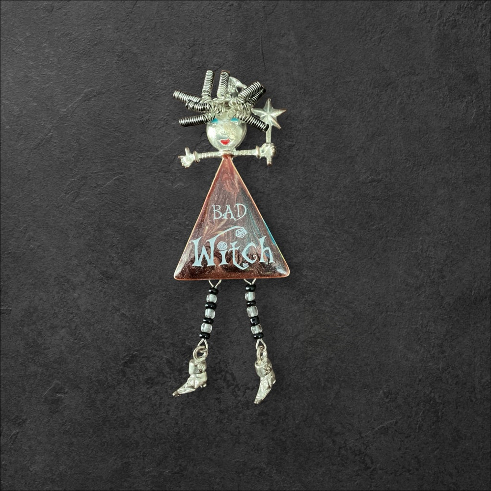 Silver & Brown Copper Tone Bad Witch Brooch Pin Halloween